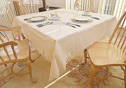 Festive Battenburg Lace Square Tablecloth.70"x70". Pearl color